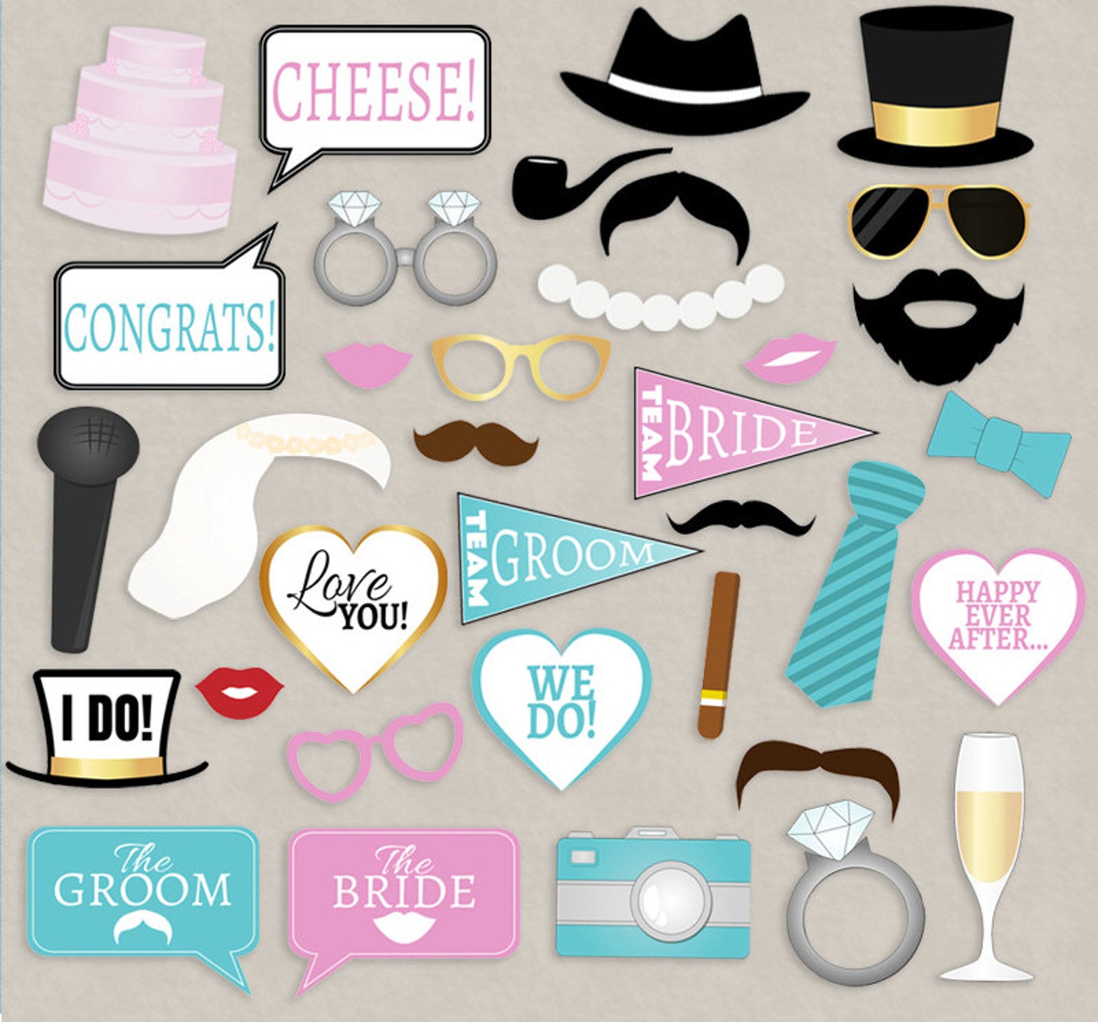 35 Wedding Photo booth props Gold photo props pink blue Etsy