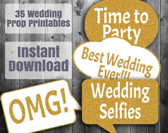 35 Gold Wedding Photo Booth printable photo booth props, wedding diy glitter props, wedding photobooth speech bubbles, digital download