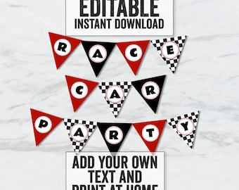 Editable Race Car Party Bunting, Printable race car red banner, Digital download race track bunting, Any phrase, DIY race car party, RT1