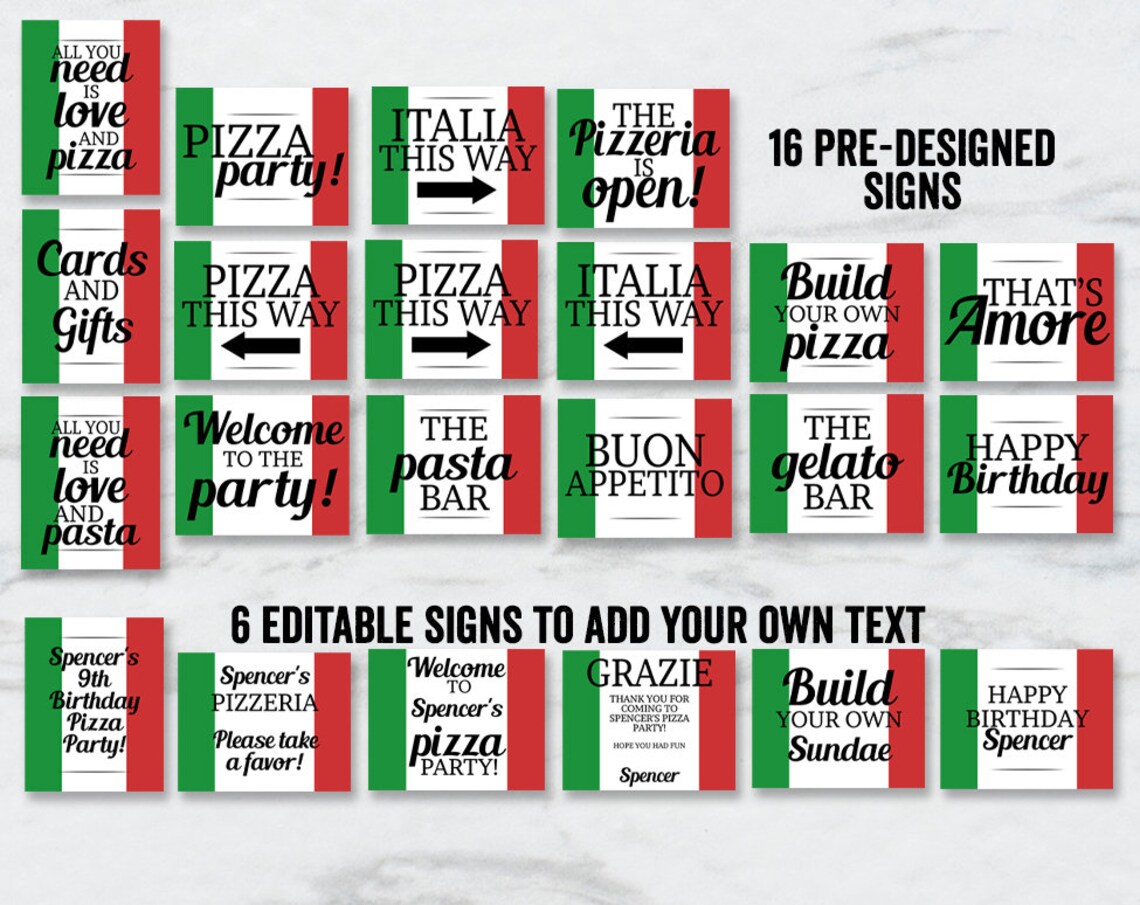 Italian Flag Party Signs, Printable Italian Party Signs, Editable Pizza ...