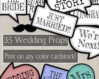 35 Any Colour Wedding Props, Printable photo booth wedding props, save ink black and white props, wedding theme colour, pink, purple, blue