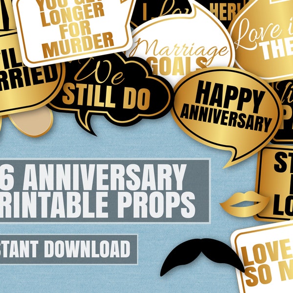 Anniversary Party Printables - Gold Anniversary Party Props, Digital download DIY Anniversary Selfie Props, Anniversary photobooth selfies