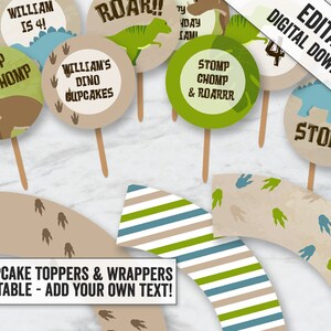 May include: Printable dinosaur cupcake toppers and wrappers. The toppers feature a variety of dinosaurs, including a green T-Rex, a brown stegosaurus, and a blue dinosaur. The wrappers feature a brown and green striped pattern with dinosaur footprints.