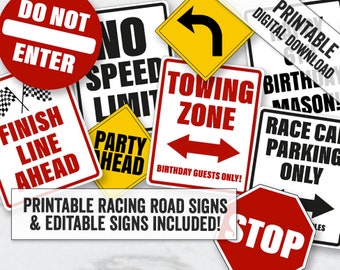 Racing Car Party Signs Printable, Editable Red race car road Signs, Race car party road signs printables, editable party road signs, RT1