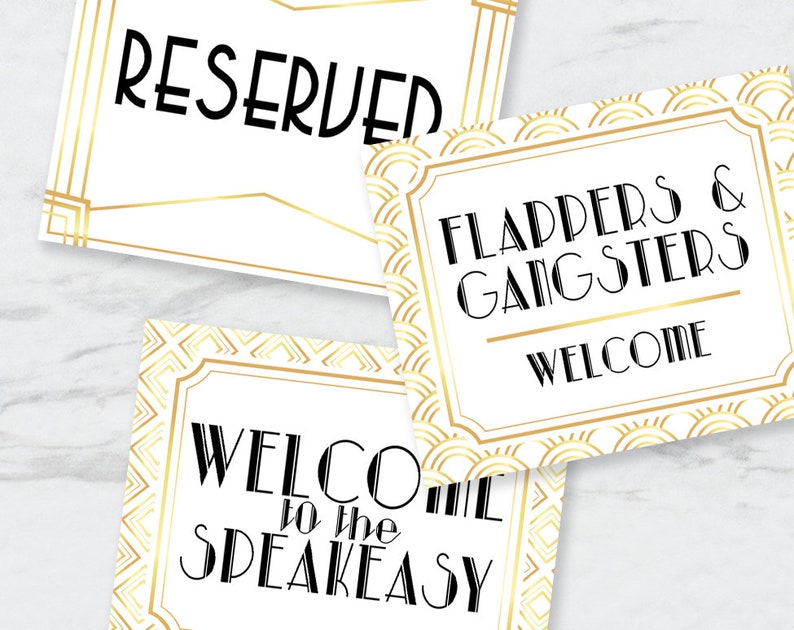 Printable Art Deco Party Signs Digital White and Gold - Etsy