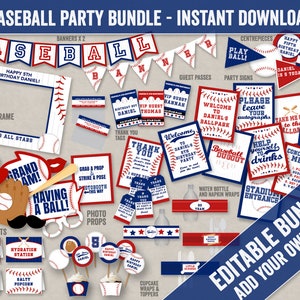 Editable Baseball Party Bundle, Printable Baseball Birthday pack, Printable baseball blue and red party set, editable props, BA1