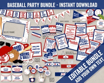 Editable Baseball Party Bundle, Printable Baseball Birthday pack, Printable baseball blue and red party set, editable props, BA1