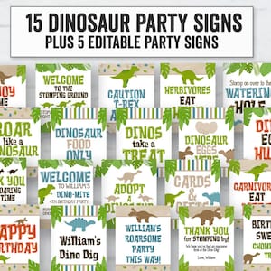 May include: A set of 20 printable dinosaur party signs with a green, brown, and blue color scheme. The signs feature various dinosaur-themed messages, such as "Welcome to the Stomping Ground", "Roar like a Dinosaur", "Dinosaur Food Only", and "Dino Egg Hunt".