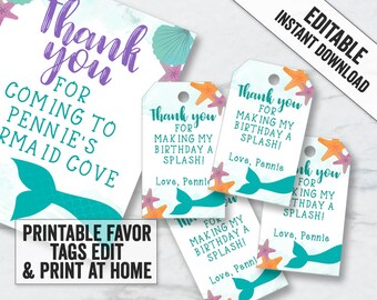 Printable Mermaid Party Tags, Mermaid Party Tags, Editable mermaid thank you tags for girl's party, Printable mermaid party decor, ME1