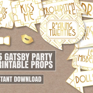40 Printable Gatsby Party props, White 1920s party props, Printable gatsby theme party photo booth signs, roaring twenties theme printables