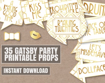 40 Printable Gatsby Party props, White 1920s party props, Printable gatsby theme party photo booth signs, roaring twenties theme printables