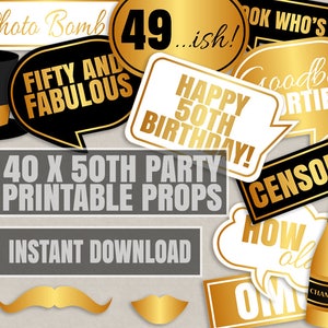 40 x Fiftieth Birthday Party Props, 50th Birthday photo booth props, printable 50th party props, gold and black, birthday photobooth props