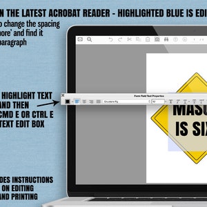 May include: A digital image on a computer screen showing a yellow construction sign with the text "MASON IS SIX!"  The text is editable using Adobe Acrobat Reader.