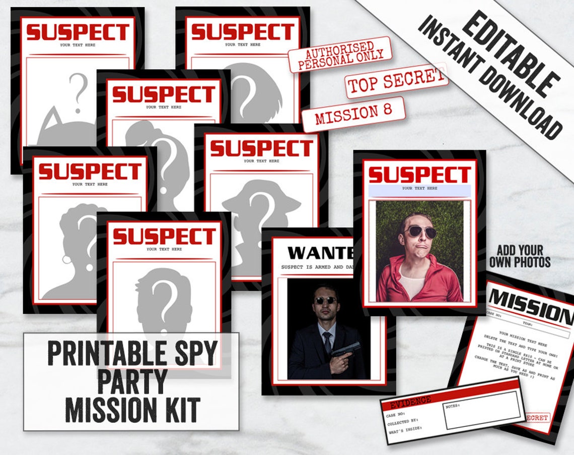 Suspect Printable signs Spy Party mission kit Printables | Etsy