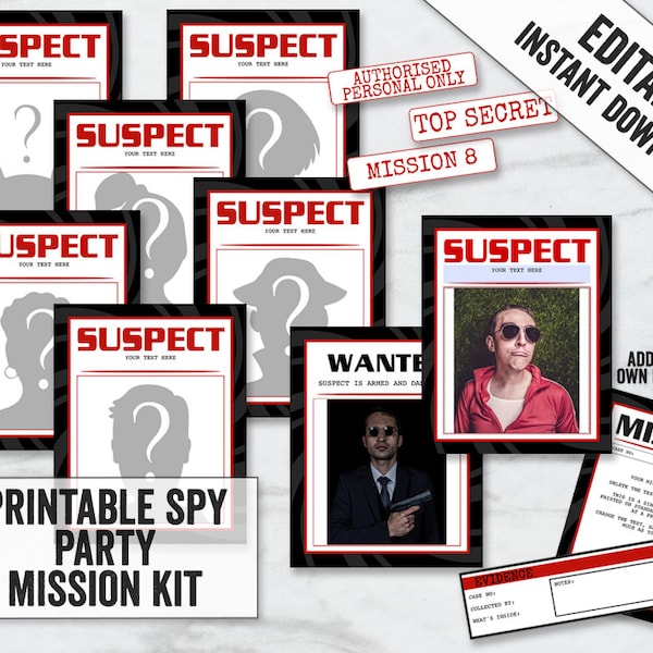 Suspect Printable signs, Spy Party mission kit, Printables Secret Agent Party Kit, Editable spy party missions, suspects and evidence, SA1