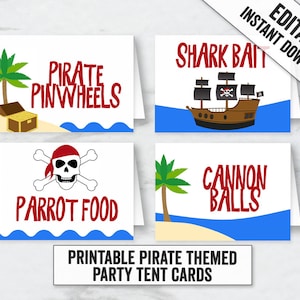 Afdrukbare piratenfeesttentkaarten, Piratenfeestvoedseltenten, Afdrukbaar voeg je eigen tekst piratententvoedselkaarten toe, Afdrukbaar piratendecor, BB10