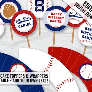 May include: Baseball themed cupcake toppers and wrappers. The toppers feature a baseball, a baseball glove, and the text "All Star Daniel" and "Happy Birthday Daniel". The wrappers are red and blue with a baseball stitch design.