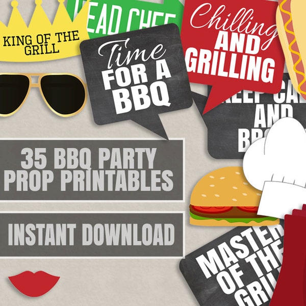 35 BBQ Party Prop Printables, Barbeque photo props, BBQ theme party props, summer party photobooth, bbq party decor instant download
