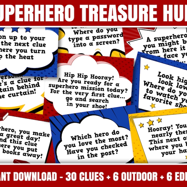 Superhero Treasure Hunt Printable, Birthday Scavenger Hunt printable, 36 treasure hunt superhero themed clues for superhero birthday day SH1