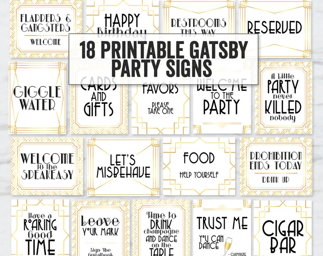 Printable Art Deco Party Signs, Digital White and Gold Prohibition ...