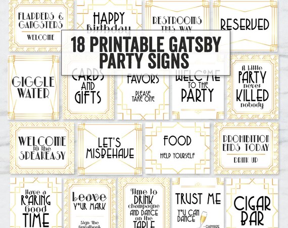 Printable Art Deco Party Signs Digital White and Gold - Etsy