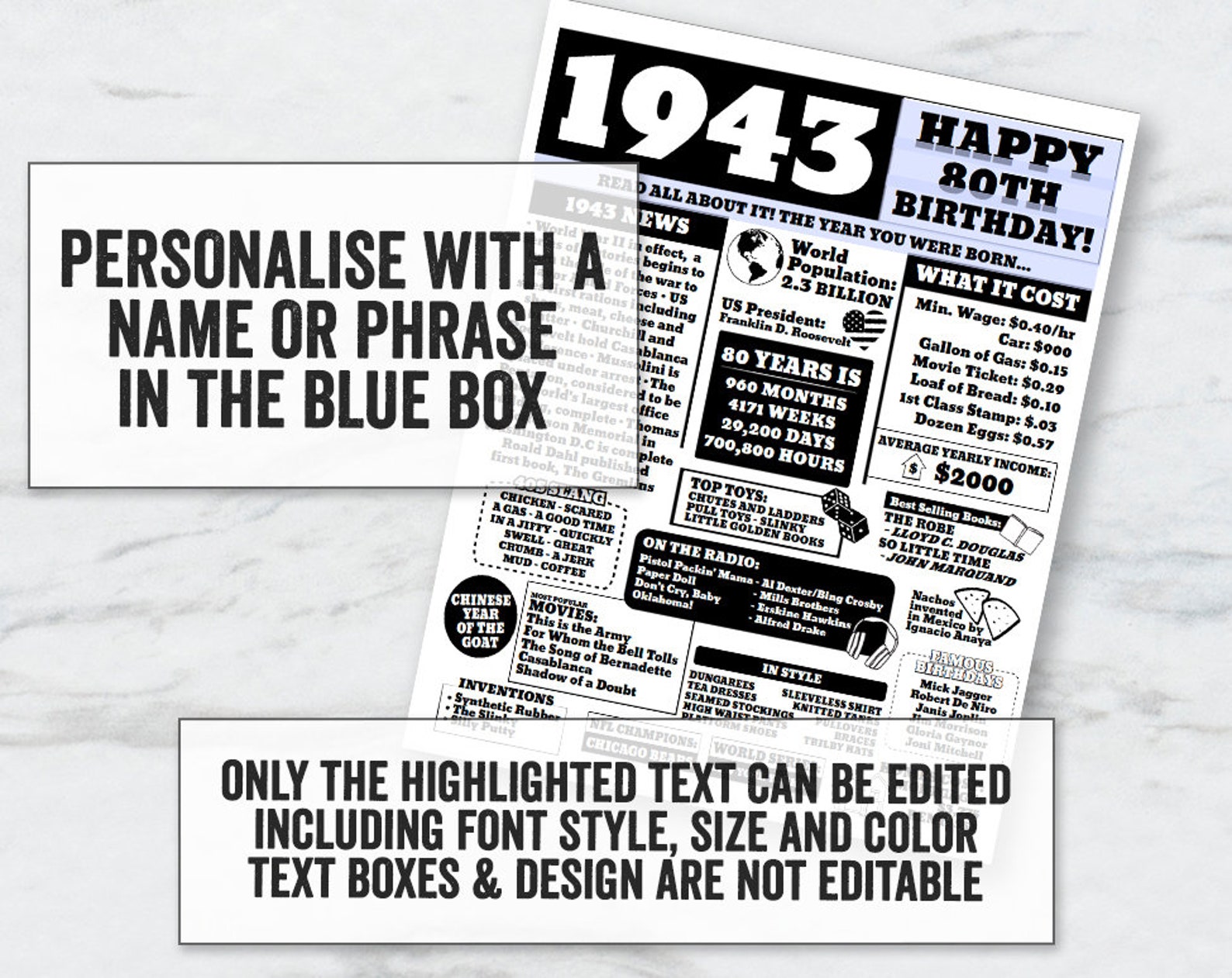 Born in 1943 Printable Poster Printable 80th Birthday Sign Etsy