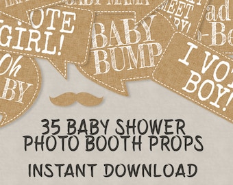 35 oggetti di scena rustici stampabili per baby shower, fumetti, oggetti di scena per feste, nuovi oggetti di scena per cabine fotografiche per bambini, idee vintage chic per baby shower