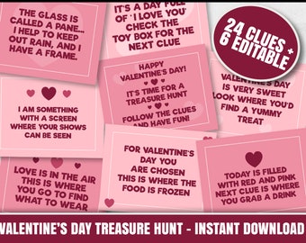 Printable Valentine's Day Treasure Hunt Clues, Valentine's Scavenger Hunt printable, 24 treasure hunt indoor clues for valentine's day