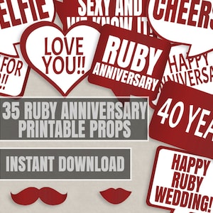 35 Rubin Jubiläum Prop Printables, 40th Jubiläum Requisiten, Hochzeit druckbare Requisiten, Photo Booth Diy Requisiten, Rubin rot Jubiläumsparty