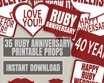 35 Ruby Anniversary Prop Printables, 40th Anniversary props, Wedding Printable props, photo booth diy props, ruby red anniversary party