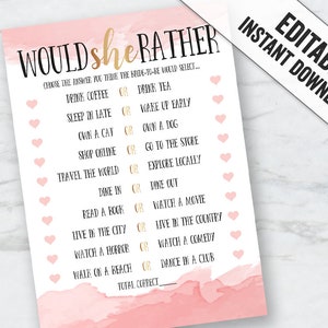 Editable Would She Rather Bridal Shower Printable Game, Edit Your Own ...