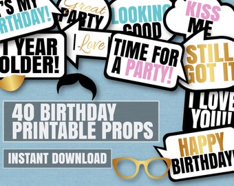 40 Birthday photo booth prop printables, happy birthday party props, selfie printable props for birthday party, diy birthday printables