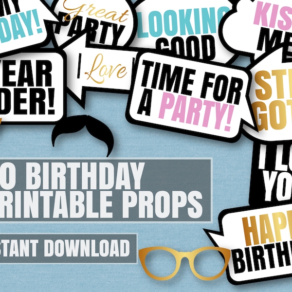 40 Birthday photo booth prop printables, happy birthday party props, selfie printable props for birthday party, diy birthday printables