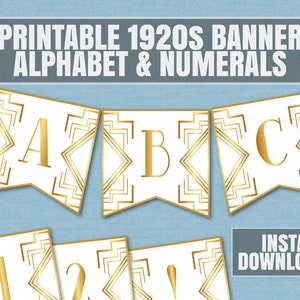 Printable White 1920s banner, party gatsby theme printable decor, prohibition era party banner, gatsby bunting, roaring 20s printable white