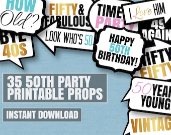 35 50th Birthday photo booth printable props, fiftieth party, black white, fifty years old photobooth props for birthday party, 50 years