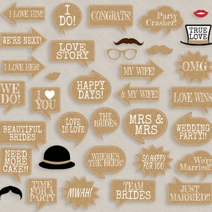 May include: A set of 20 brown cardboard photo booth props with white text and images. The props include phrases like "I Do", "Love Story", "Happy Days", "Wedding Party", and "Just Married".