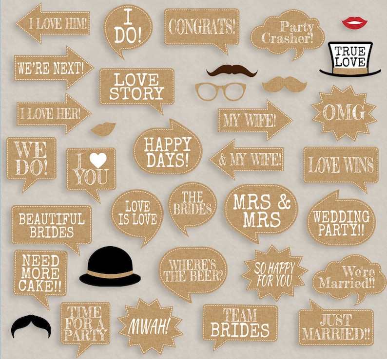 May include: A set of 20 brown cardboard photo booth props with white text and images. The props include phrases like "I Do", "Love Story", "Happy Days", "Wedding Party", and "Just Married".