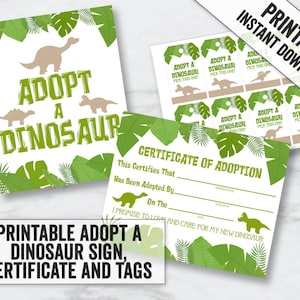 Adopt a Dinosaur Printable Sign and Certificate, adopt a dinosaur party favors, Dinosaur Party ideas, Editable dino tags, dino adopt, DN1