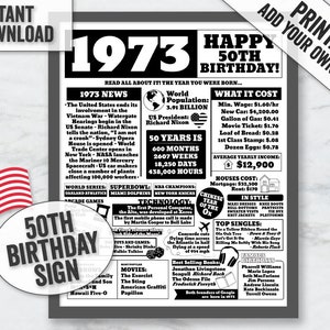 Afdrukbare 50e verjaardag poster, geboren in 1973 afdrukbaar teken, Amerikaanse verjaardag trivia poster, feiten 50e verjaardagscadeau, afdrukbaar 1973 verjaardag teken
