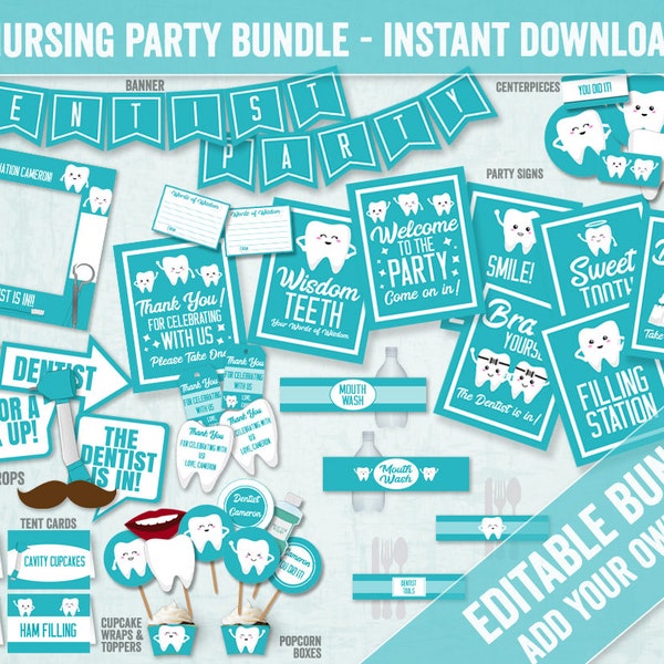 Editable Dentist Graduation Party Bundle, Printable DIY Dentist party pack, Printable Dentist party set, Dentist retirement party ideas, DE1
