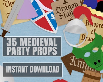 35 Medieval Party Props, knights party printable photo booth signs, knights and princess party, beware of dragons, medieval party ideas