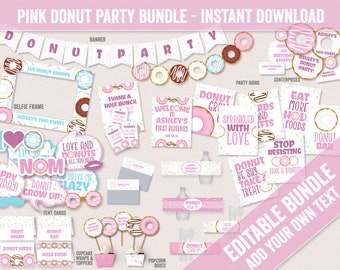 Editable Donut Party Bundle, Printable Pink Donut Birthday pack, Donut party signs, pink donut party set, printable donut party signs, DT1