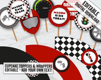 May include: A set of printable cupcake toppers and wrappers for a race car themed party. The toppers feature a checkered flag, a speedometer, a race car driver's helmet, a traffic light, and a tire. The wrappers feature a checkered pattern.