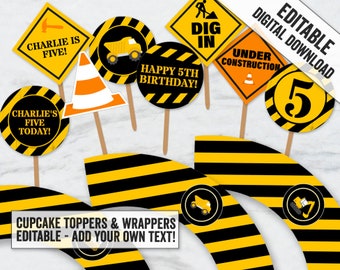 Printable Construction Cupcake toppers and wrapper template, editable construction cupcake party ideas for wrappers, cupcake toppers, CN1