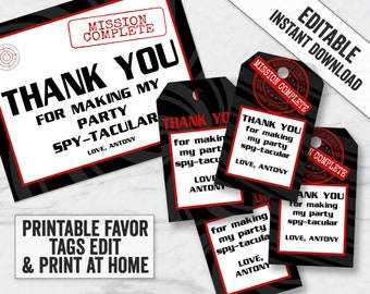 Printable Spy Party Tags, Editable secret agent thank you tags, thank you spy party favor tags, secret agent party favor tags, SA1