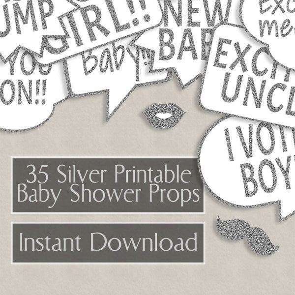 35 Baby Shower Silver Glitter Printable speech bubbles props, new baby party photo booth props, diy photobooth, silver glittery props