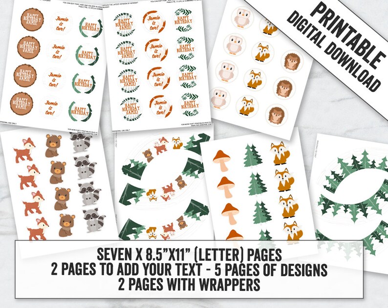 Printable Woodland Cupcake Toppers and Wrappers Editable Etsy UK