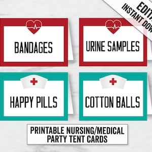 Infirmière Graduation Party Tent Card Printables, Editable Medical party place cards tents, editable food tent cards, medical tents cards, NR1