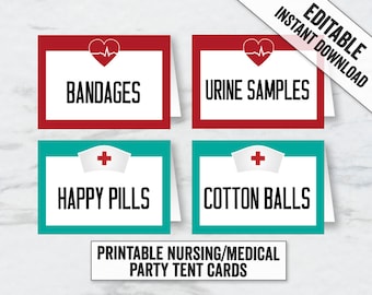 Nursing Graduation Party Tent Card Printables, Editable Medical party place cards tents, editable food tent cards, medical tents cards, NR1