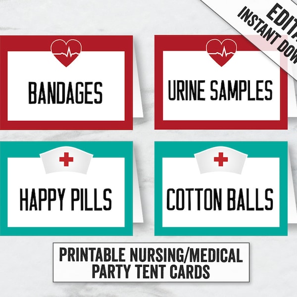 Nursing Graduation Party Tent Card Printables, Editable Medical party place cards tents, editable food tent cards, medical tents cards, NR1